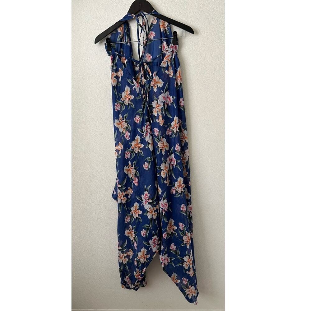 ASOS sheer blue tropical floral swim coverup jumpsuit plunge neck open low back - Picture 3 of 6